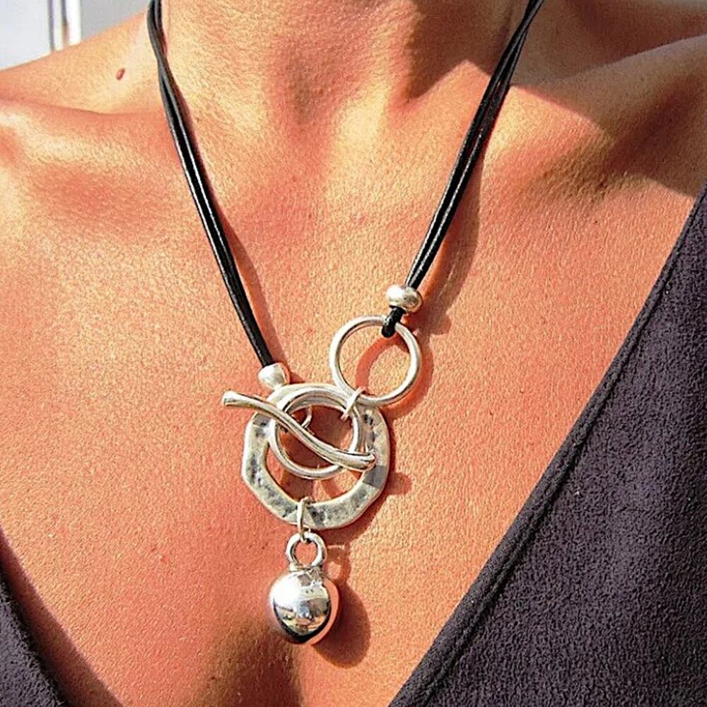 Vintage Boho Geometric Silver Necklace, Hammered, Spherical, Drop Ball, Ethnic